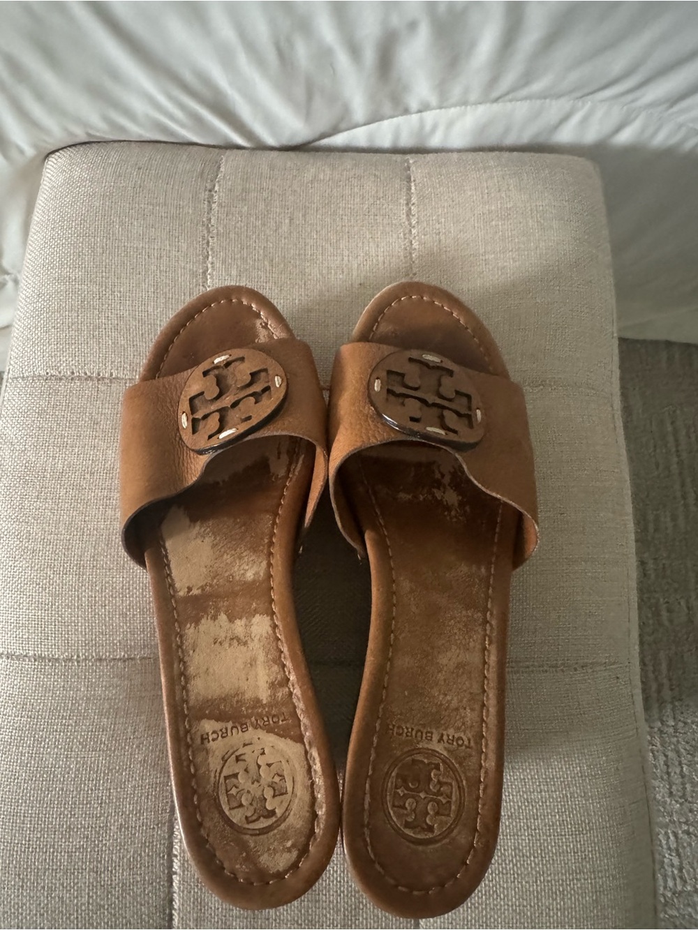 Tory Burch Tan Leather Logo Slide Wedges